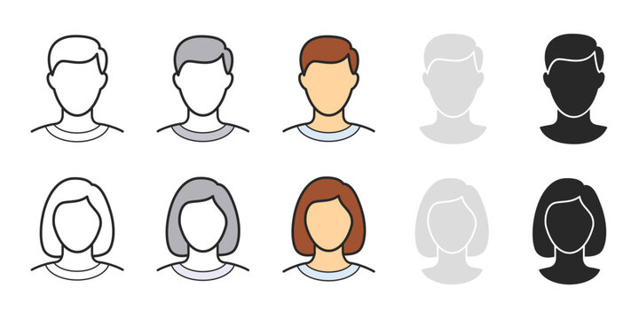 various simple generic anonymous human male female man woman head portrait with blank faces icon symbol set for profiles or avatars vector illustration on transparent background