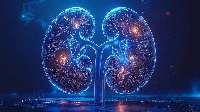 Illustration of Human Kidneys with Glowing Orange Highlights on a Dark Blue Background from a Front Viewpoint