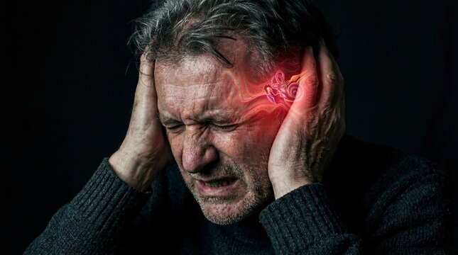 Mature man suffering from severe ear pain. Medical illustration of inner ear pain or hearing problem as concept for health issue