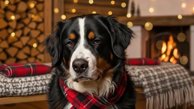 Cozy winter vibes: bernese mountain dog relaxing by a fireplace with flickering lights