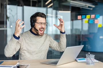 Frustrated call center agent experiencing burnout and stress