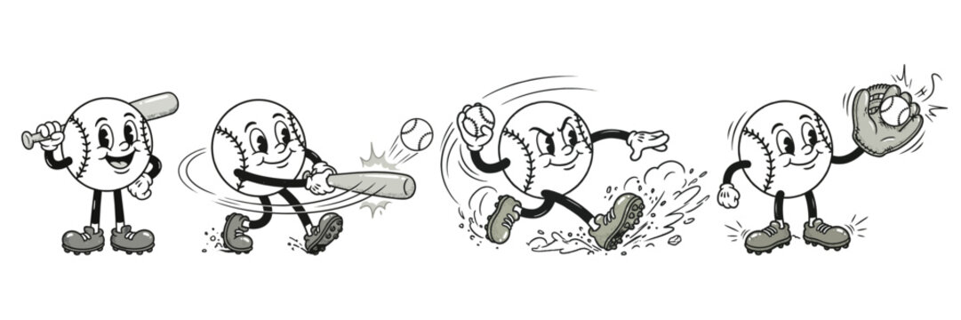 Vintage baseball mascot collection with retro cartoon ball character in action poses isolated on white background for sports branding