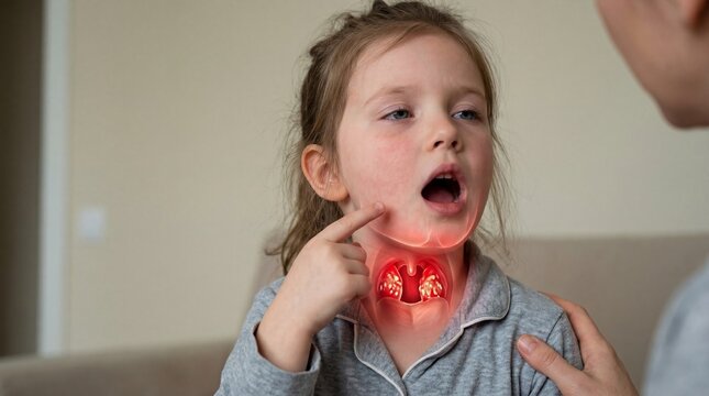 Kid finger pointing inflamed throat. Concept of disease in child, tonsillitis, angina, high fever, sore throat. Health medical problem.