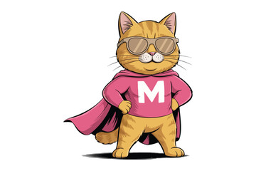 Obraz premium A charming orange tabby cat confidently poses as a superhero sporting sunglasses a cape and a powerful emblem high-quality professional.