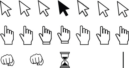Cursor Arrow and Hand Pointer Icons Set with Click Gestures and Hourglass Outline Vector Illustration