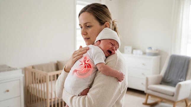 Woman comforting crying newborn baby with reflux represented by glowing stomach and arrows. Infant stomach issues or colic concept.