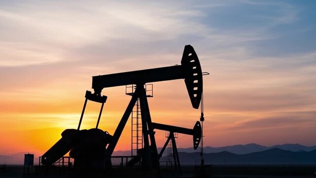 Silhouetted oil rigs at vibrant sunset with golden sky, energy industry landscape, offshore drilling platforms, industrial power, dramatic horizon background