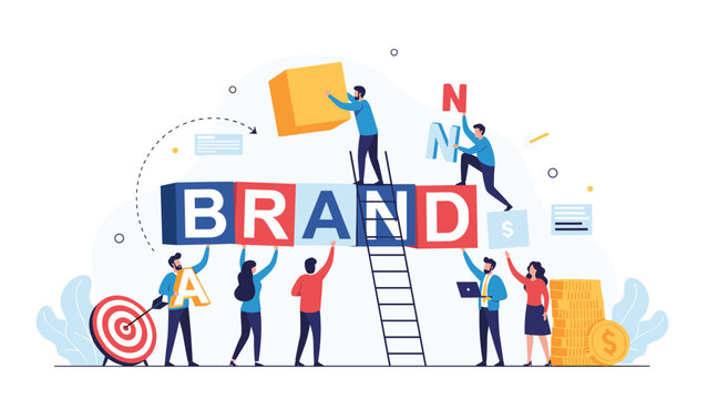 Diverse team of professionals works together to build a strong company brand using colorful letter blocks and strategic planning.