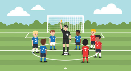 Fototapeta premium Kids football match with referee showing yellow card on soccer field sports competition vector illustration