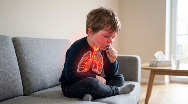 Boy coughing with red highlighted lungs overlay. Child suffering from respiratory illness or lung disease. Pediatric health concept.