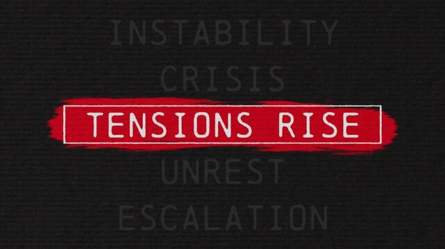 Tensions rise scrolling text sequence with documentary style title animation for news topic and trend
