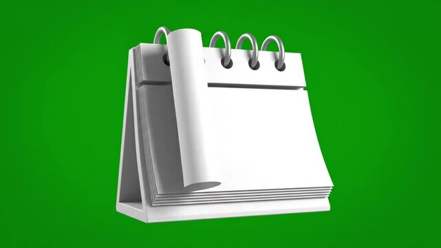 Blank white desk calendar with spiral binding on a vibrant green background, ready for custom dates and planning, symbolizing new beginnings and organization