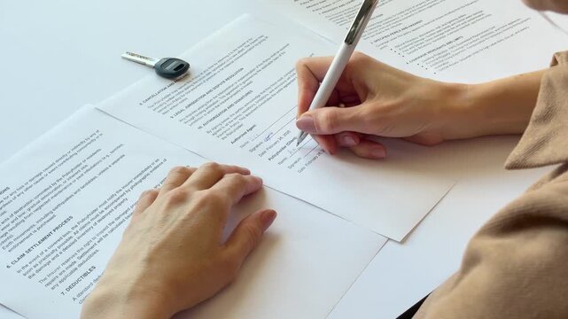 Client writing name and signing property insurance agreement, close up