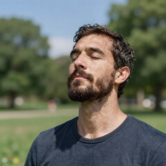Fototapeta premium manga, outdoor meditation scene featuring a bearded man dreaming of wellbeing amidst sunny park surroundings