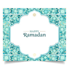 Ornate Islamic Greeting Card with Happy Ramadan Text in Blue and White Geometric Shapes and Patterns