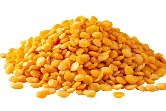 Pile of yellow lentils isolated on transparent background. Dry yellow split peas, natural healthy food ingredient isolated on white background.