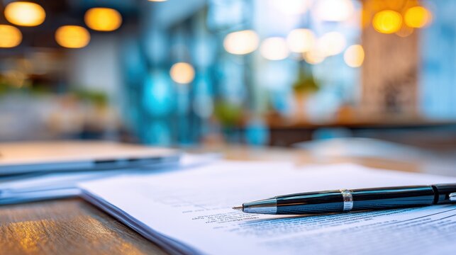 Document Page With Redacted Sections Resting on a Clean Desk Next to a Pen During Work Hours in a Well-Lit Office Environment
