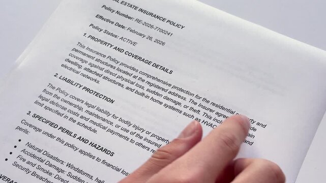 A man's hand reading lines of text while reviewing a property insurance document at a table, close-up