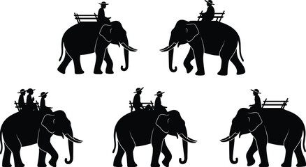Elephant safari silhouette illustration, tourists riding elephants, wildlife tourism vector set, black animal icons isolated on white © MdShafe