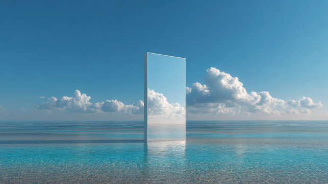 Surreal frameless mirror standing upright in shallow tropical ocean reflecting blue sky and soft clouds, minimalist conceptual seascape with calm turquoise water and endless horizon