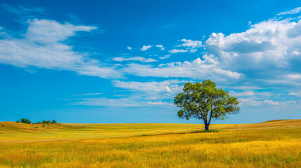 Obraz premium A solitary green tree stands in the middle of a vast golden grass field under a vibrant blue sky with scattered white clouds on a bright day