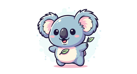 Cute smiling koala illustration holding eucalyptus leaf on white background.