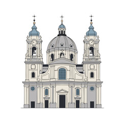 Fototapeta premium Historical european baroque cathedral with dual clock towers and central dome architecture