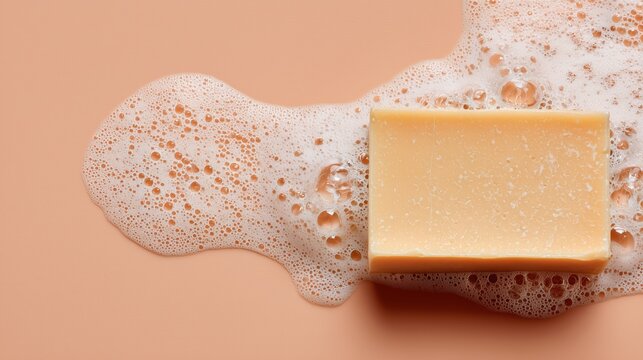 Savon artisanal beige entour&eacute; de mousse cr&eacute;meuse sur fond pastel