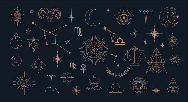 Mystical Celestial Constellations Zodiac Signs Alchemy Symbols and Esoteric Elements on Dark Background