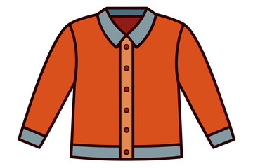 Flat design orange jacket with grey collar and cuffs on white background - front view of stylish buttoned outerwear with minimalist aesthetic