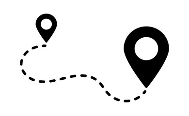 Black Pin Point Location and GPS Symbol icons with dashed route path for navigation and mapping on transparent background.