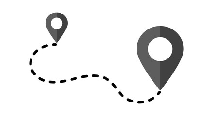 Gray Pin Point Location and GPS Symbol icons with dashed route path for navigation and mapping on transparent background.