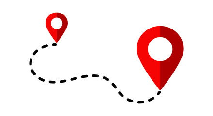 Red Pin Point Location and GPS Symbol icons with dashed route path for navigation and mapping on transparent background.