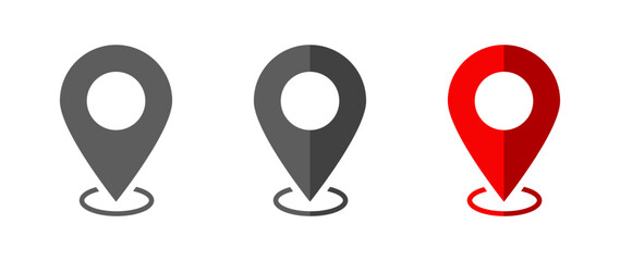 Gray and red Pin Point Location and GPS Symbol icons with ring base style for navigation and mapping on transparent background.
