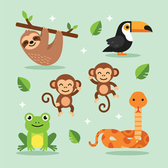 Fototapeta premium Cute Cartoon Jungle Animals Collection.