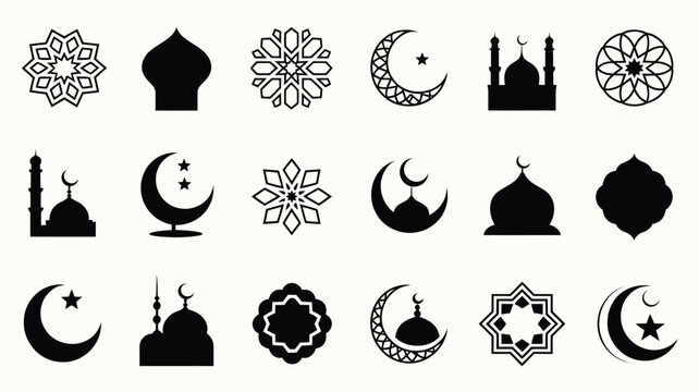 Ramadan kareem islamic symbols and icons set crescent moon mosque silhouette star mandala and floral patterns for design