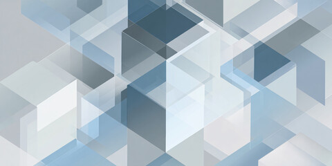 Obraz premium Abstract geometric background with overlapping translucent cubes and polygons in shades of blue and gray, representing data, technology, and modern design