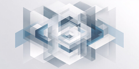 Fototapeta premium Abstract geometric background with overlapping translucent cubes and planes in shades of blue and white, representing data, technology, and structure