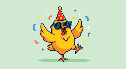 Funny Chicken Wearing Sunglasses and Party Hat Dancing with Confetti Vector Illustration. © NFS Studio