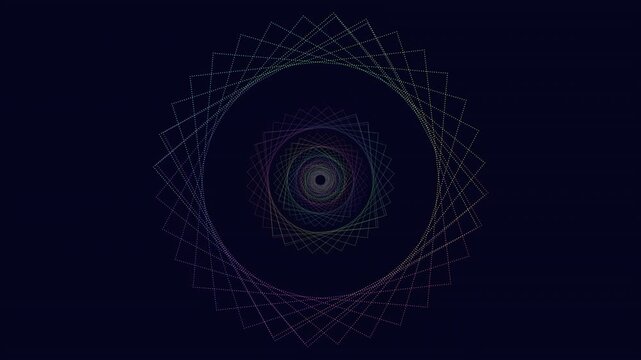 Abstract geometric spirograph tunnel animation with neon lines on dark background