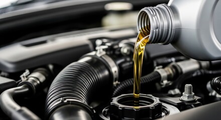 Mechanic pouring engine oil into car engine for maintenance