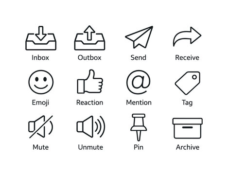 Line style vector icons of Workplace messaging icons: inbox, outbox, send, receive; emoji, reaction, mention, tag; mute, unmute,