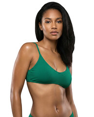 Fototapeta premium Portrait of a Stunning Woman with Long Dark Hair Wearing Vibrant Green Ribbed Bikini Top Looking at Camera Isolated