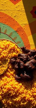 A vibrant tableau of saffron-infused rice and slow-cooked meat, forming an abstract landscape of texture and color,  Levant gastronomy,  Turkish delights