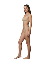 Full length side profile portrait of a beautiful young woman in beige minimalist underwear standing confidently