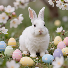 Fototapeta premium minimalist, white rabbit surrounded by pastel easter eggs and spring flowers