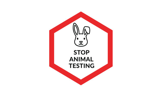 Sign inside a red hexagon border with a rabbit head icon and the text stop animal testing to promote ethical beauty standards.