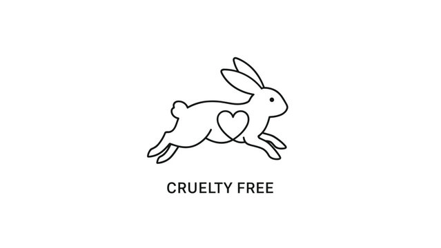 Simple black line icon of a jumping rabbit with a heart shape on its body and the text cruelty free for ethical products.