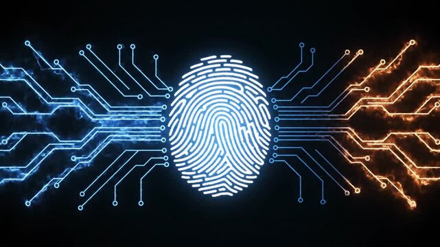 Glowing blue digital fingerprint on a dark background representing security and technology