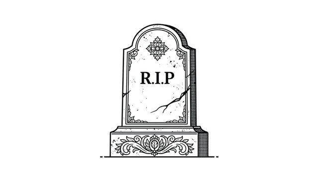 Detailed illustration of an ornate stone tombstone grave marker with floral engravings and R.I.P. engraved text on a white background.